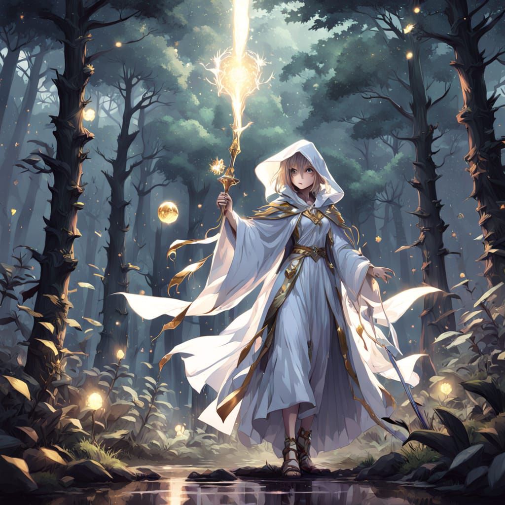 Anime Light Sorceress Casting Spell in Mystical Forest