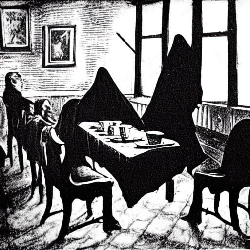 Lovecraft's Dark Coffee Shop Séance in Grainy Black and Whit...