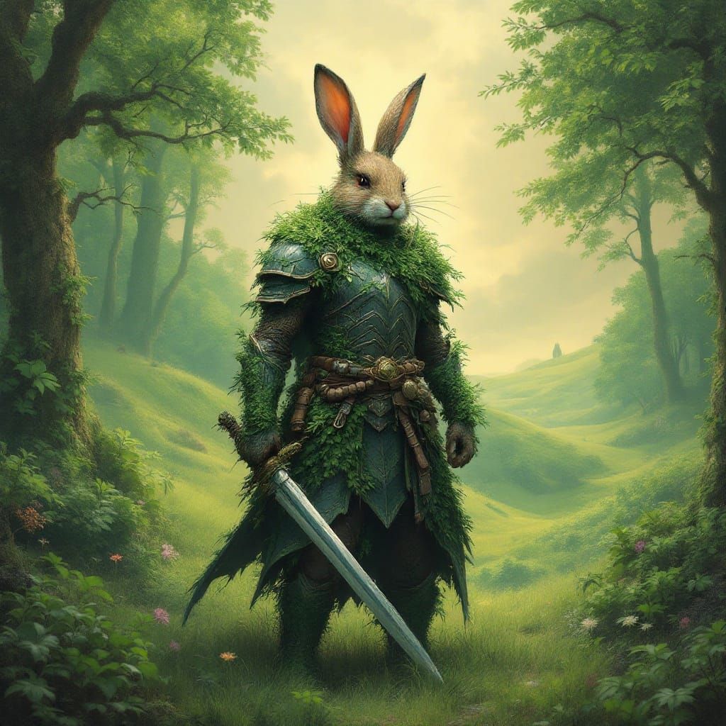 Rabbit Warrior in Surreal Green Landscape