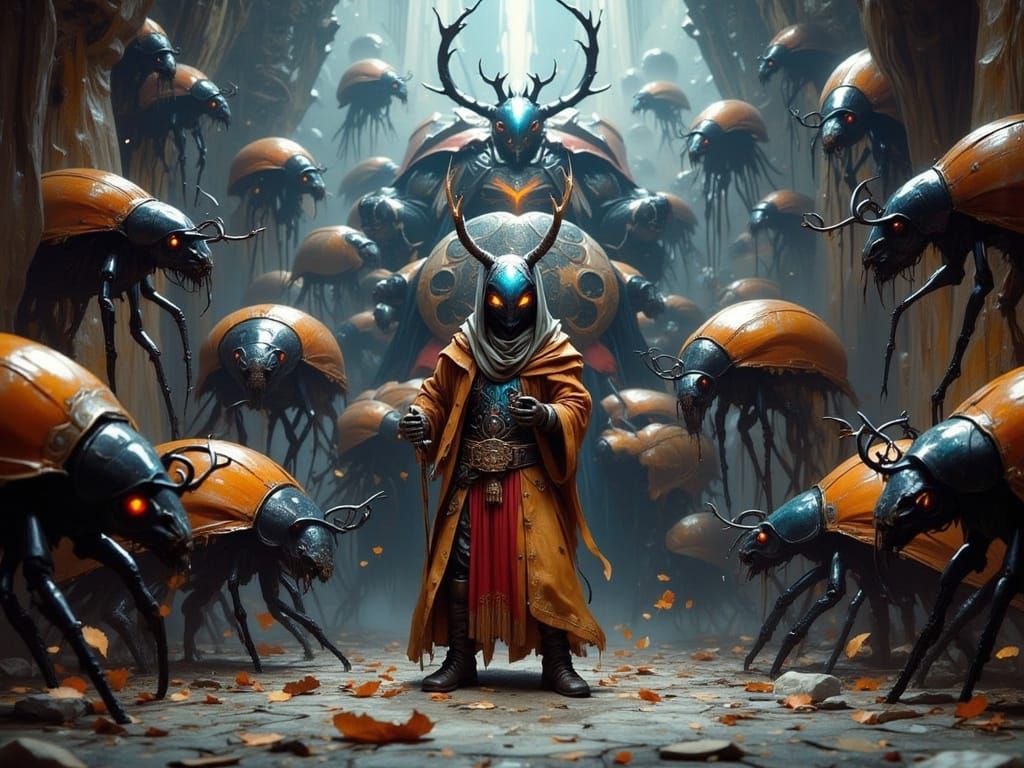 Exterminator Faces Beetle Court in Art Nouveau Style