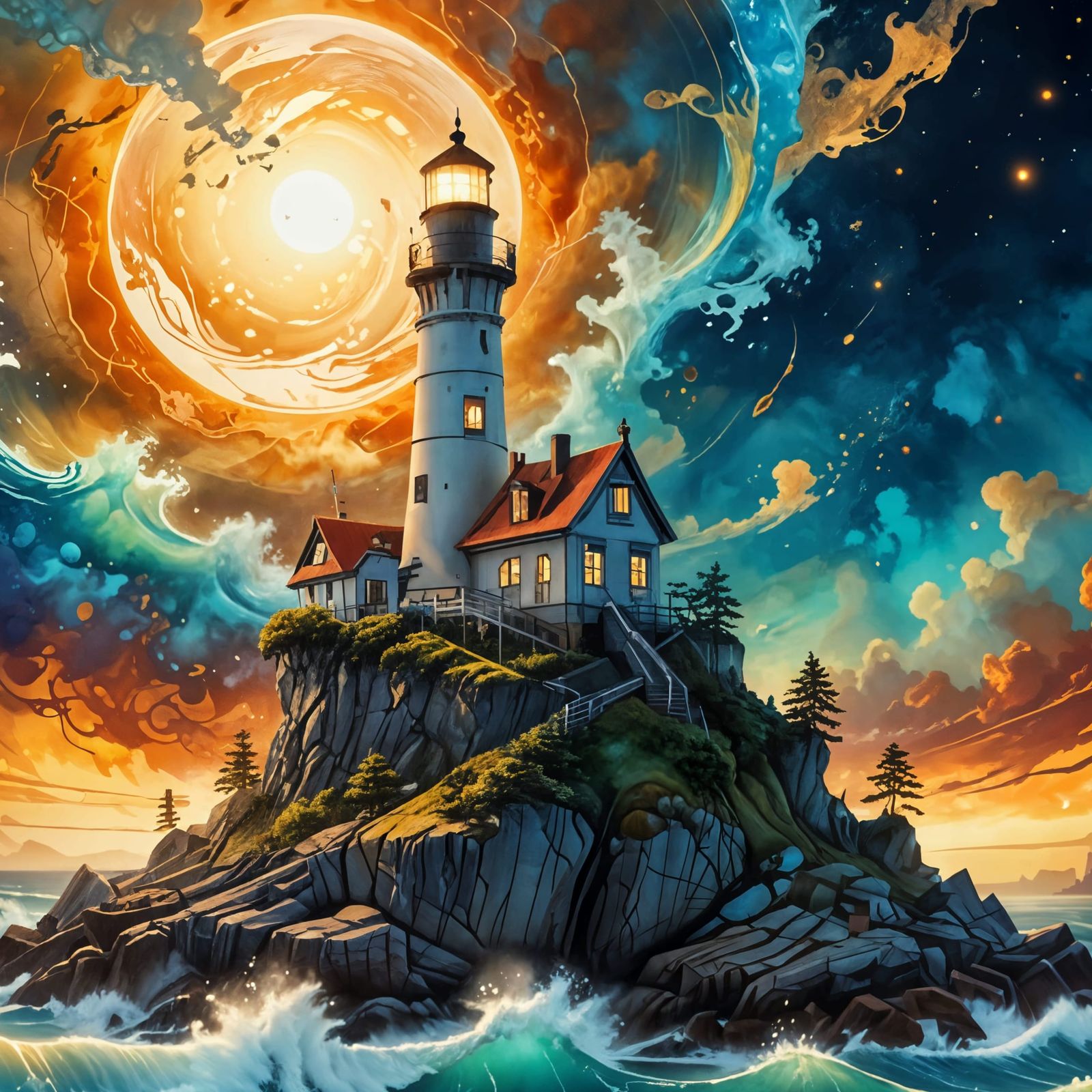 Epic Lighthouse on Floating Island in Cosmic Sunset