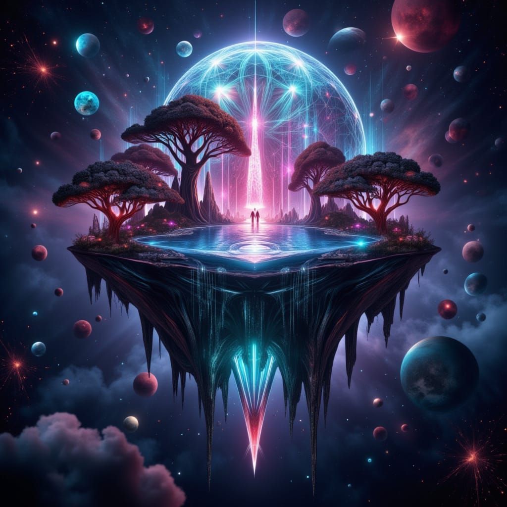 Floating Island Above Void with Futuristic City