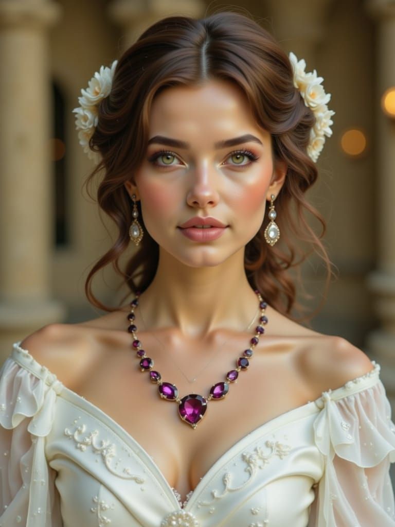 Brown Haired Princess in White with Ruby Necklace