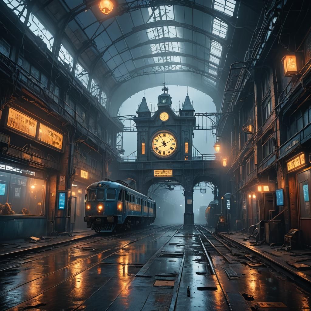Cyberpunk Train Station in Holographic Fog