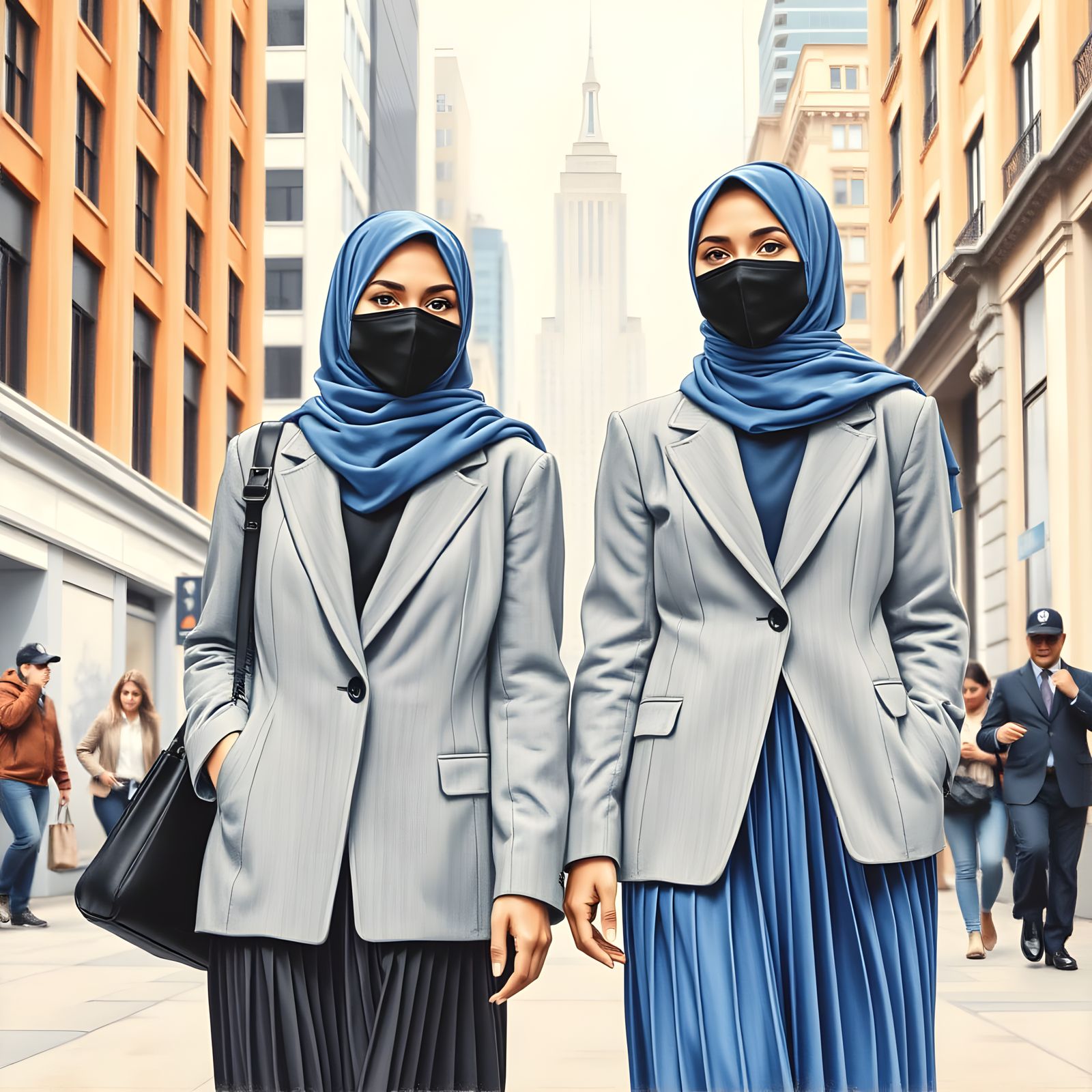 Modern Color Pencil Painting of Hijabi Business Women
