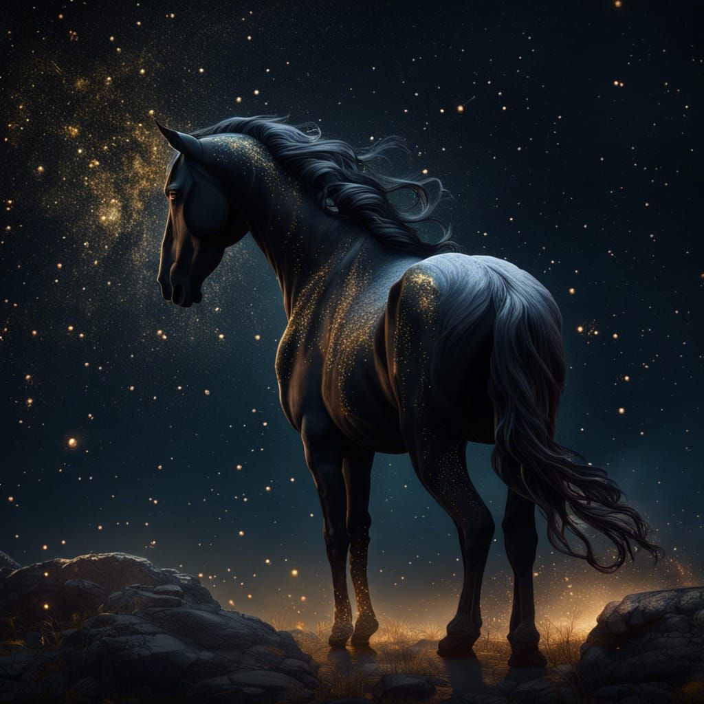 Black Horse Gazing at Stars in Detailed Matte Painting