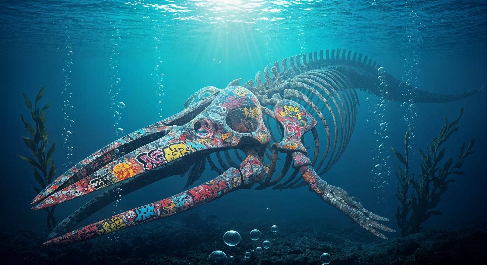 Neon Underwater Rave in Whale Skeleton