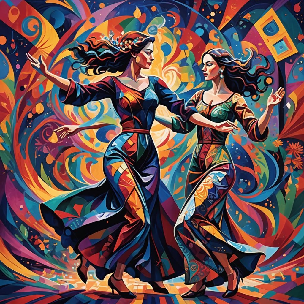 Abstract Geometric Painting of Two Women in Fauvist Style