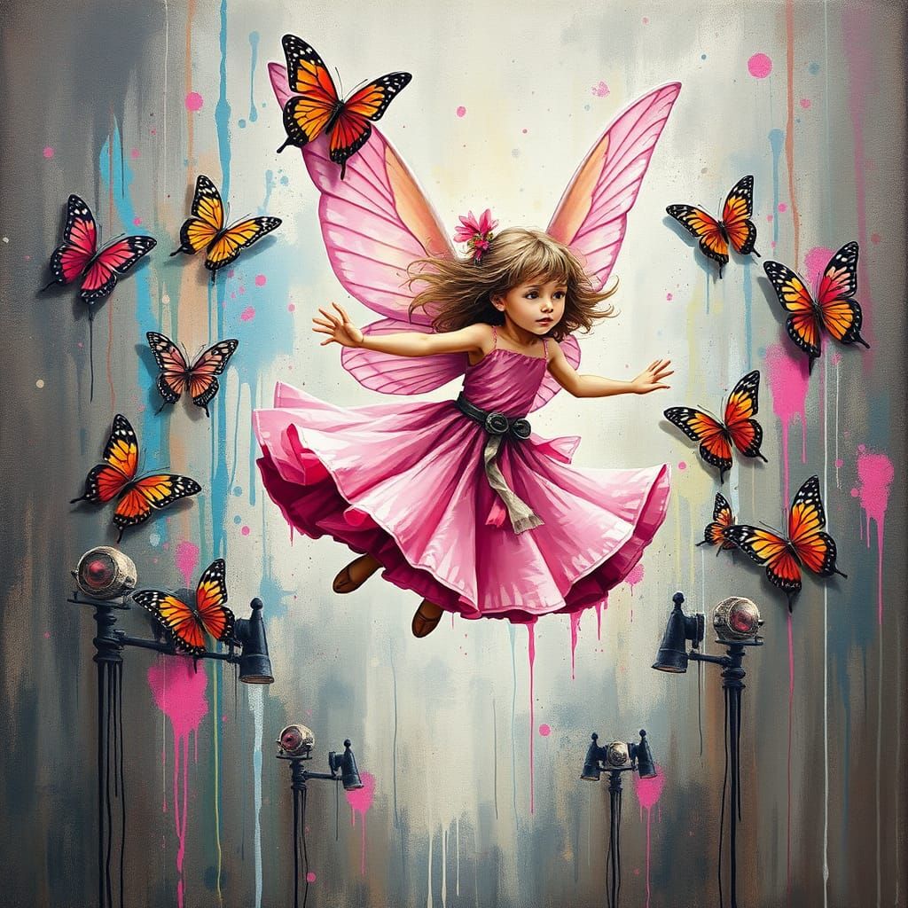 Fairy in Pink Dress with Butterflies, Graffiti Art