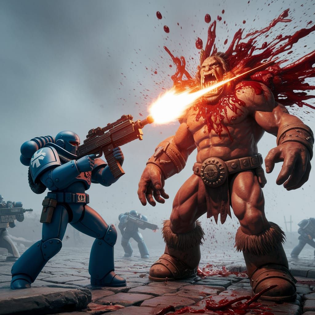 Warhammer 40k Space Marine Engages Orc in Battle