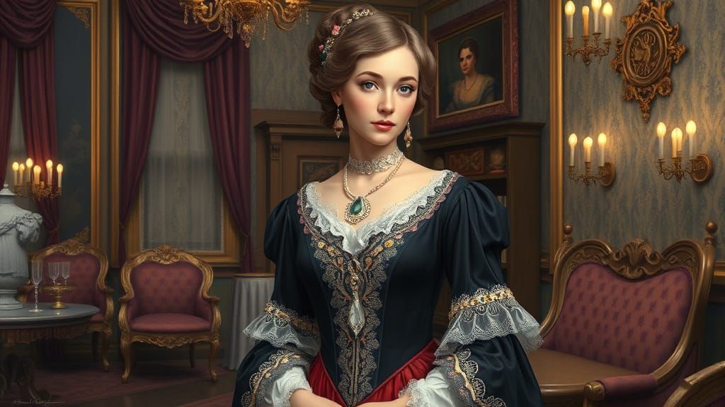 Refined Woman in Opulent 19th Century Setting