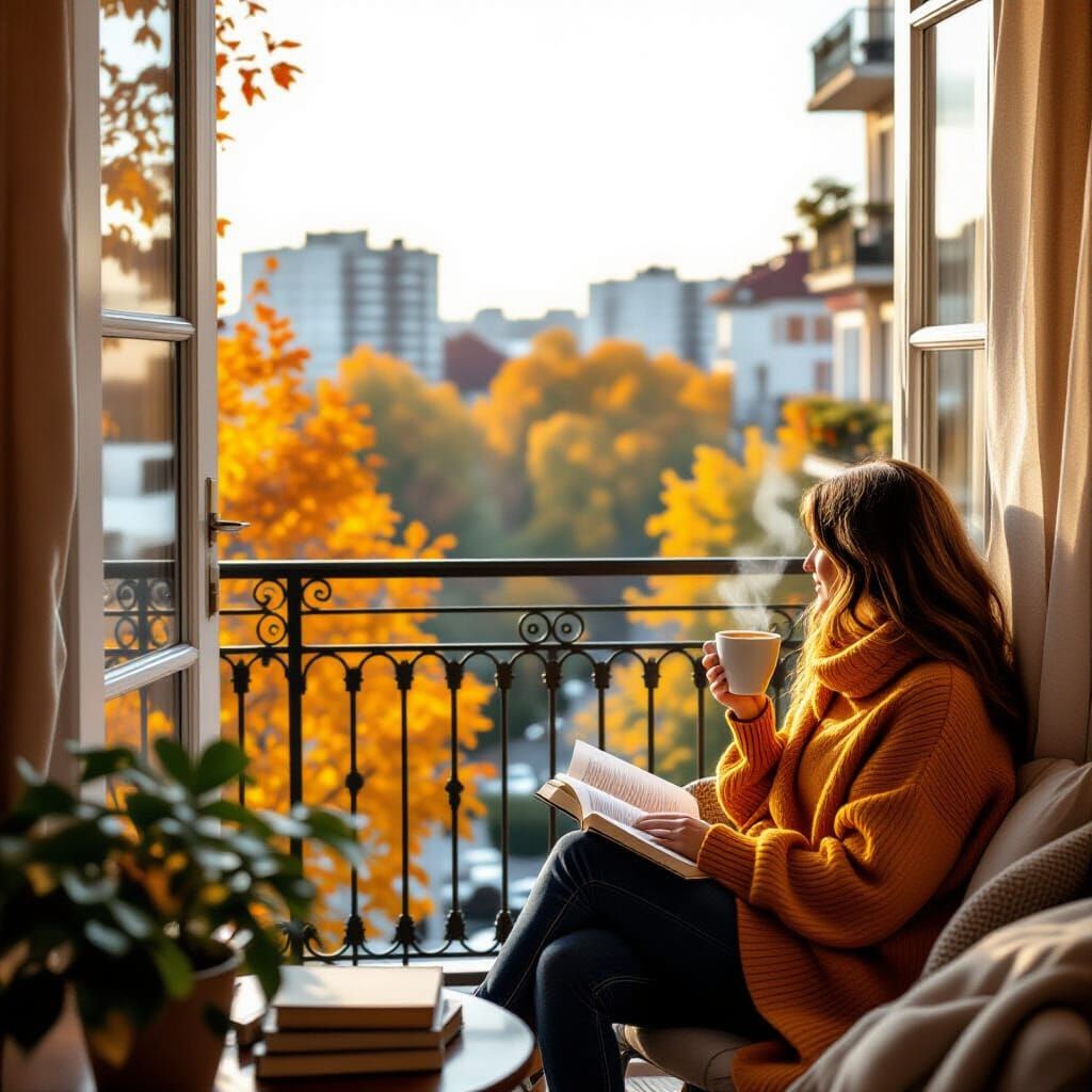 Woman Reading on Kiev Balcony in Autumn