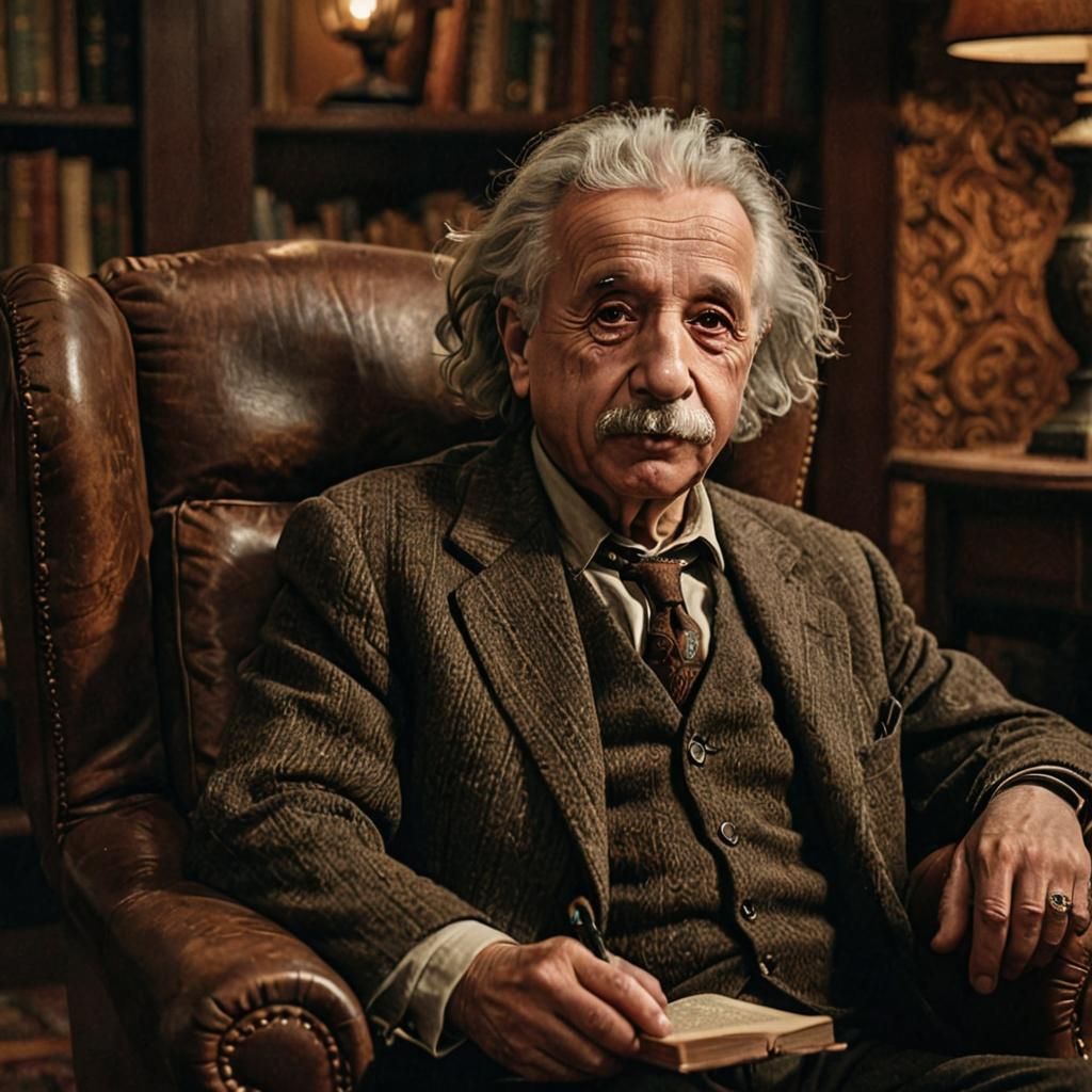 Albert Einstein Portrait in Dimly Lit Study