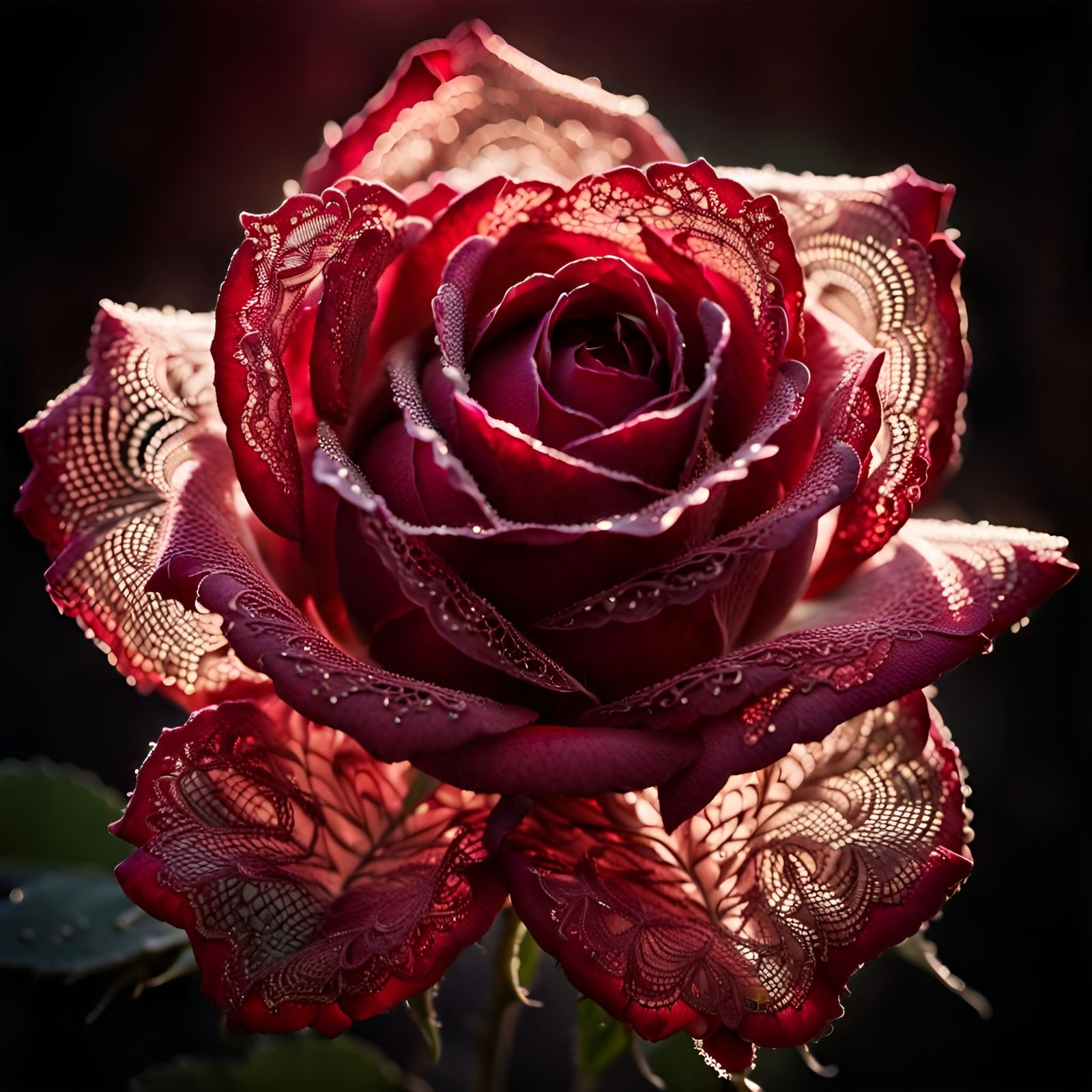 Luminous Red Rose with Lace Petals Close-Up