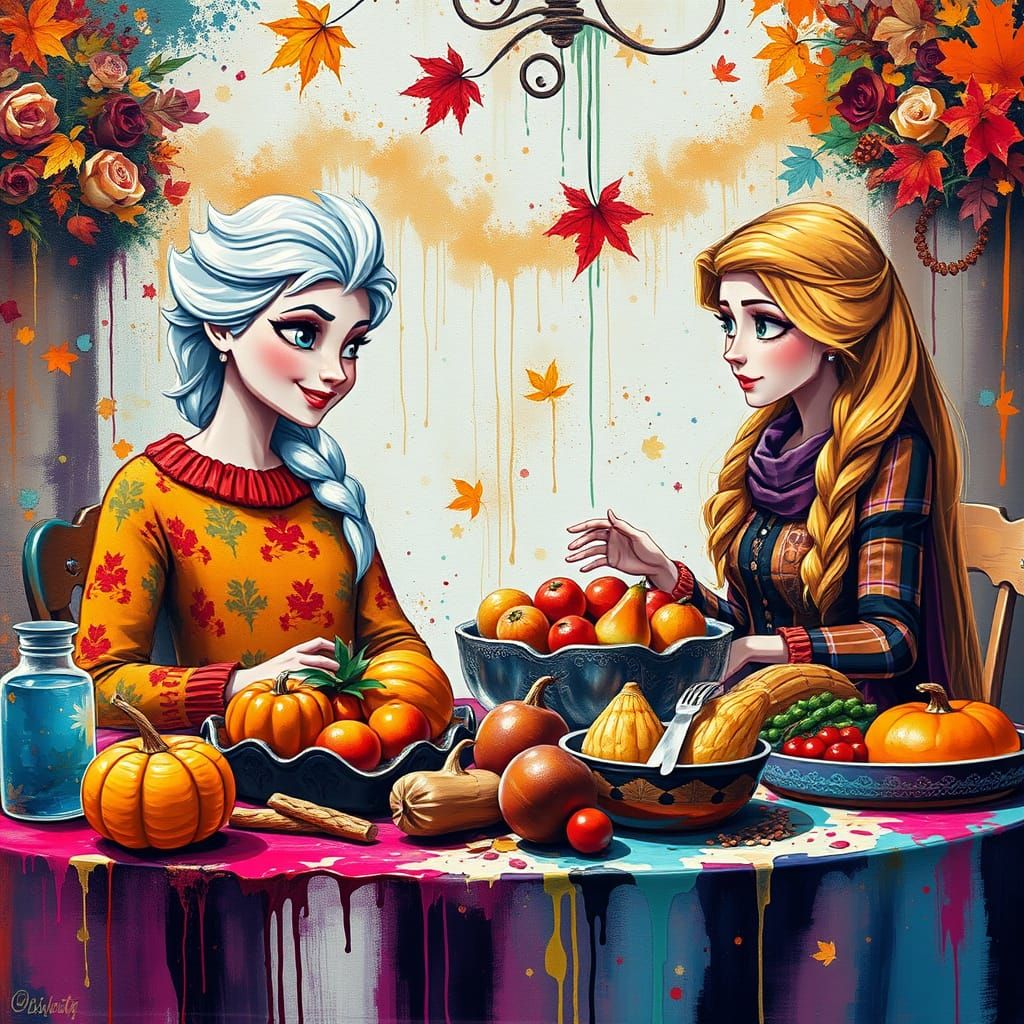 Elsa and Rapunzel Share Thanksgiving Feast in Graffiti Art S...