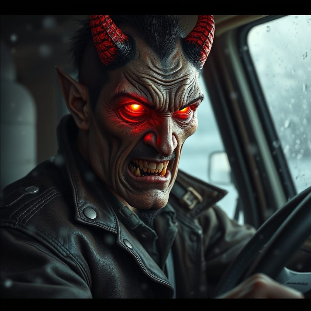 Dark, Gritty Portrait of a Demon Possessed Truck Driver