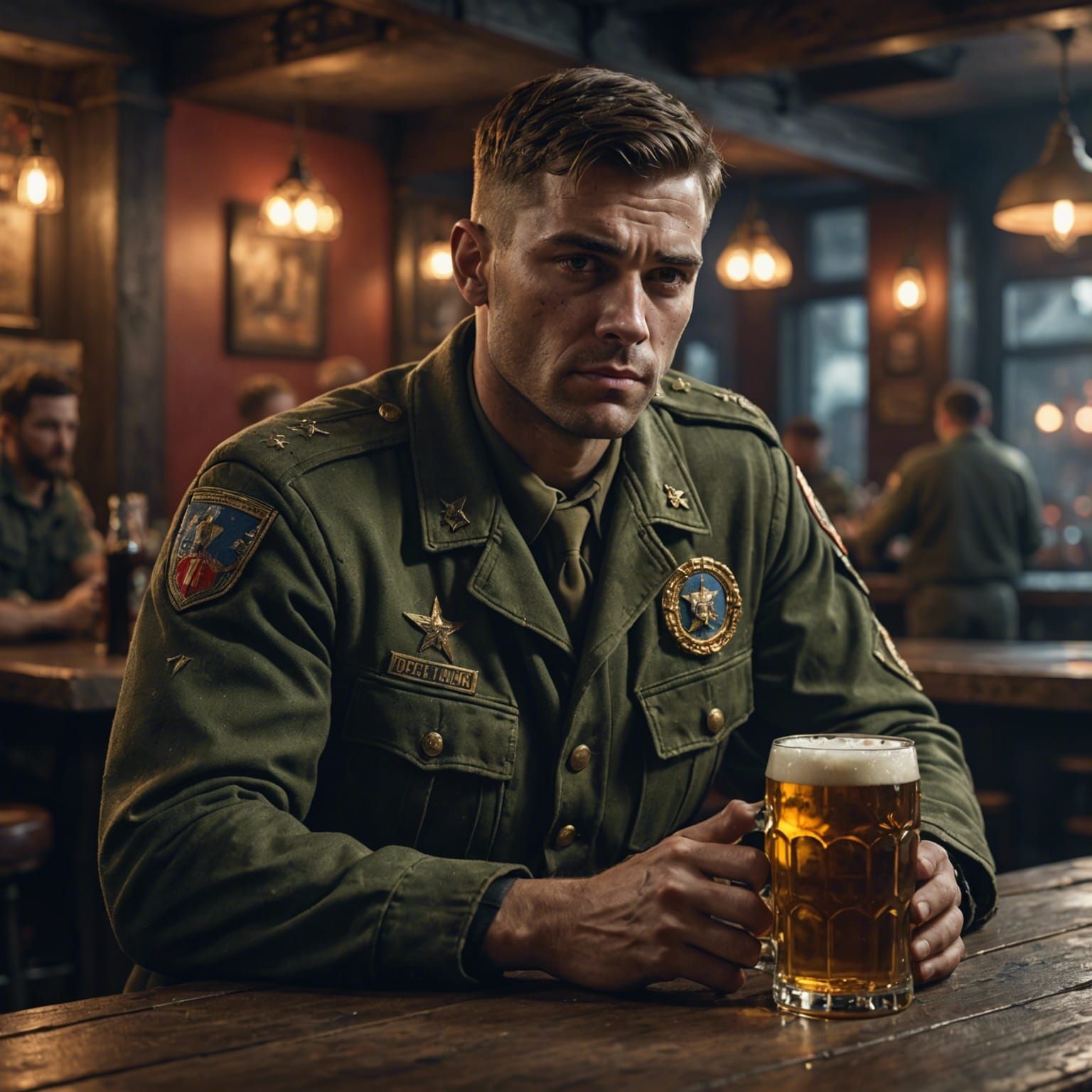Depressed Soldier in Dilapidated Bar: Photorealistic Art