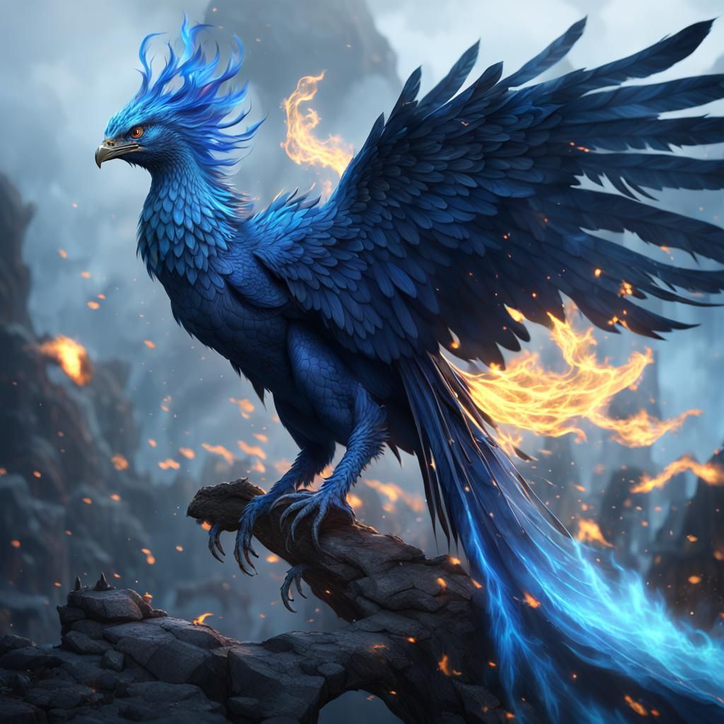 Blue Fire Phoenix in Detailed Matte Painting