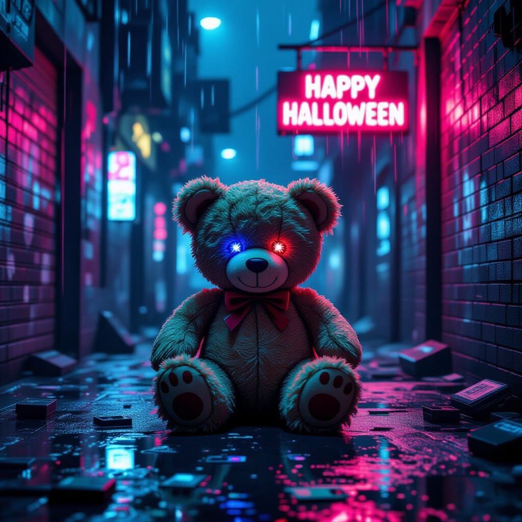 Weathered Teddy Bear on Cyberpunk Street