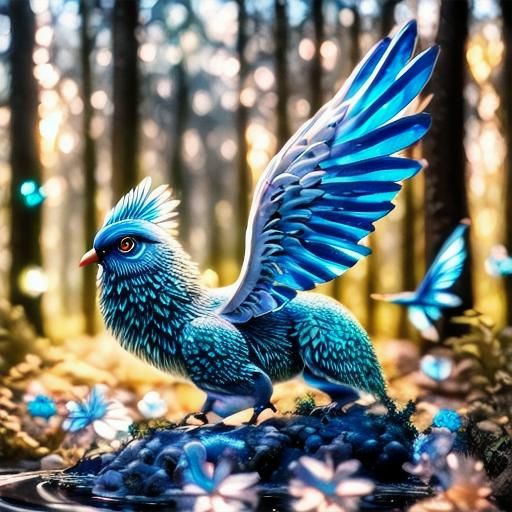 Blue Chicken in Flight: Hyper-Realistic Digital Art