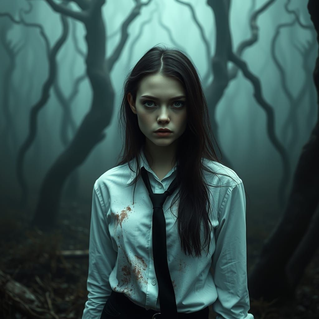 Gothic Woman in Misty Forest: Surreal Dark Art