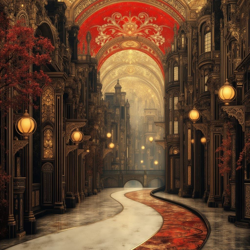 Gothic Art Deco London Street in Black and White