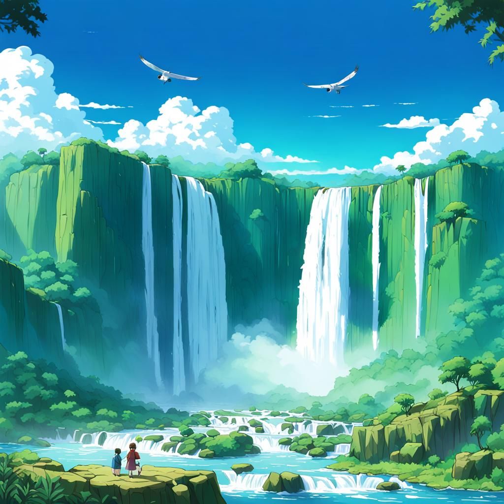 Macaw Soaring Over Iguazu Falls in Anime Style