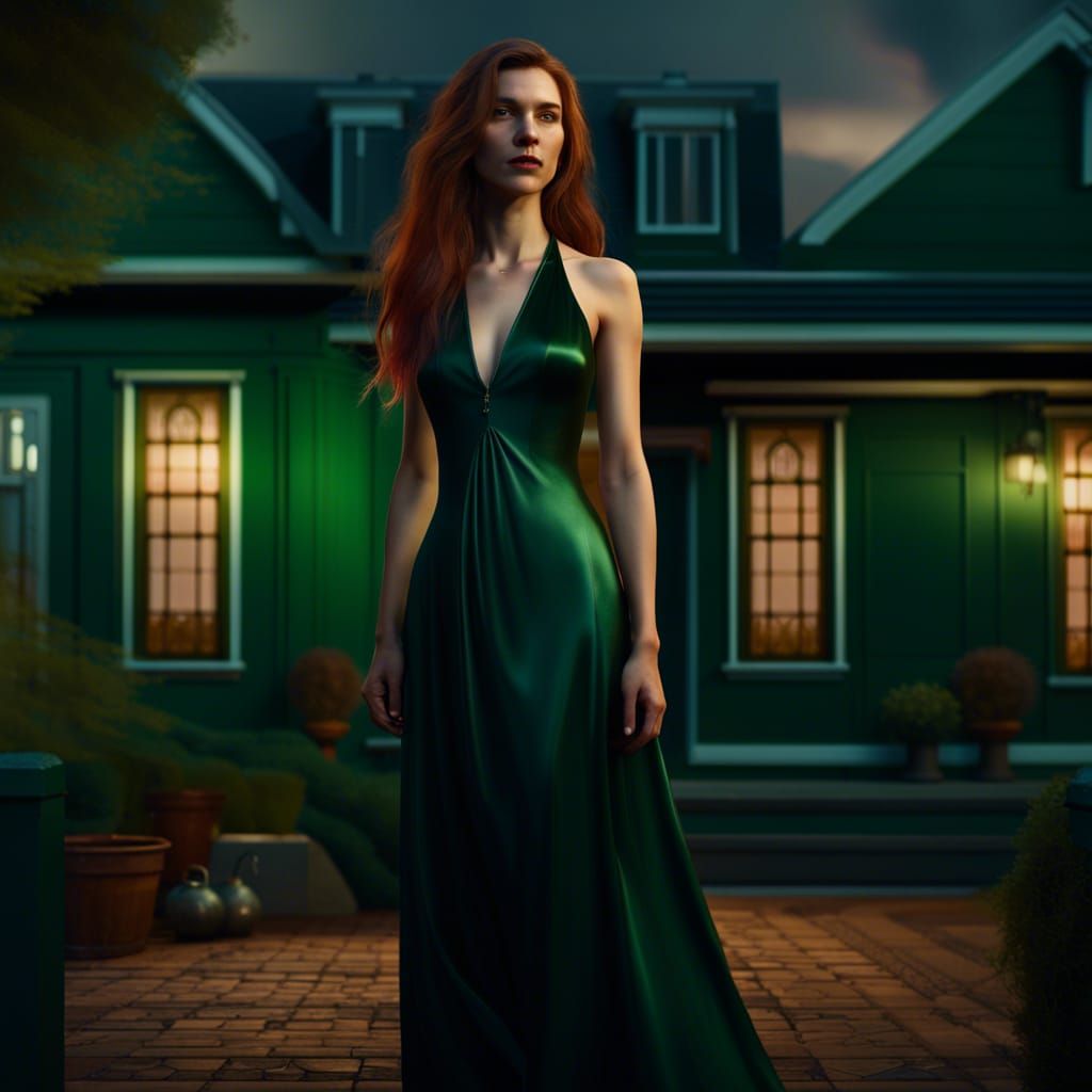 Young Woman in Green Dress: Fantasy Concept Art