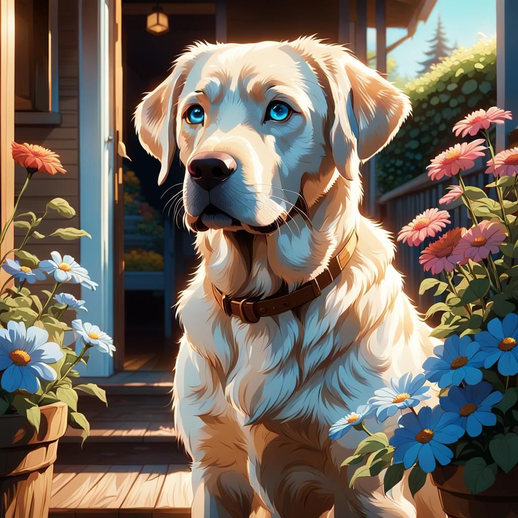 Golden Lab Puppy on Porch, Pixar Style