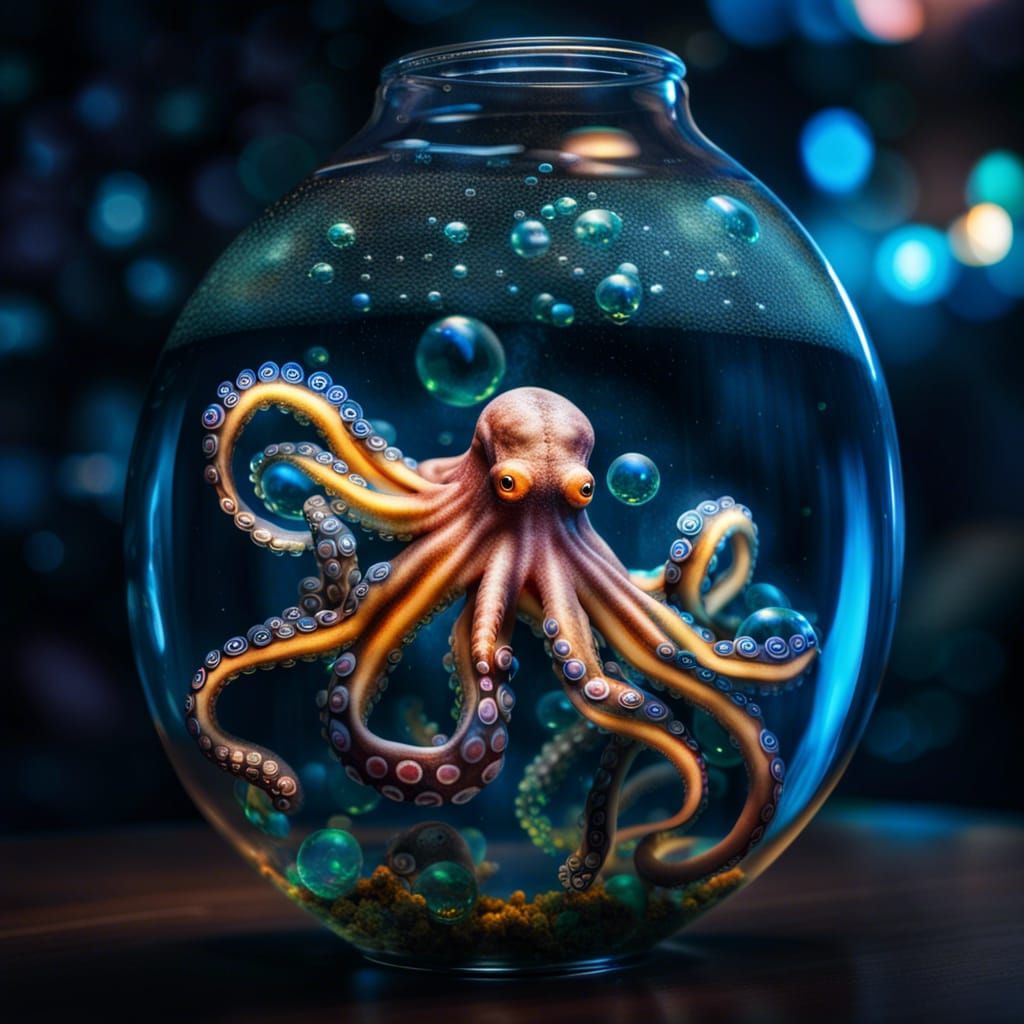 Glowing Octopus in Glass Sea: Hyperrealistic Dreamscape