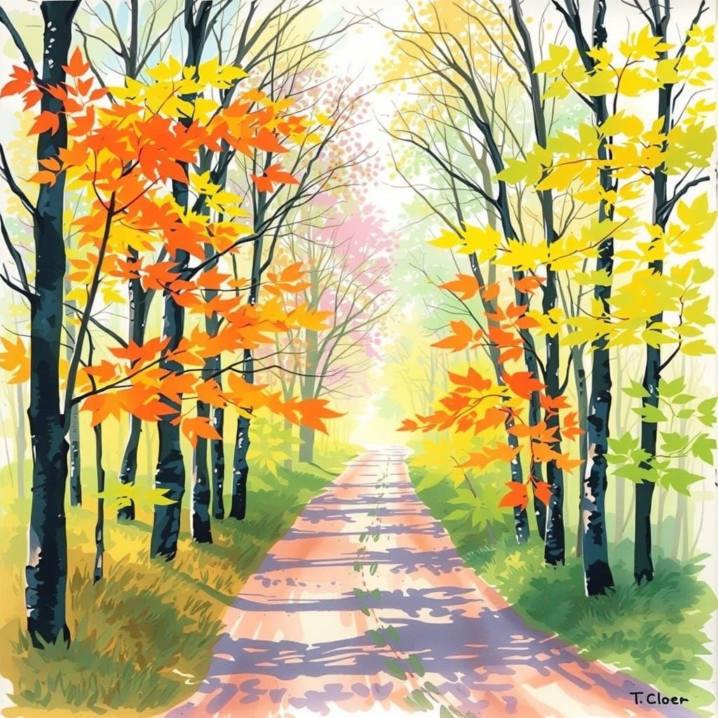 Springtime Forest Path in Whimsical Watercolor Style