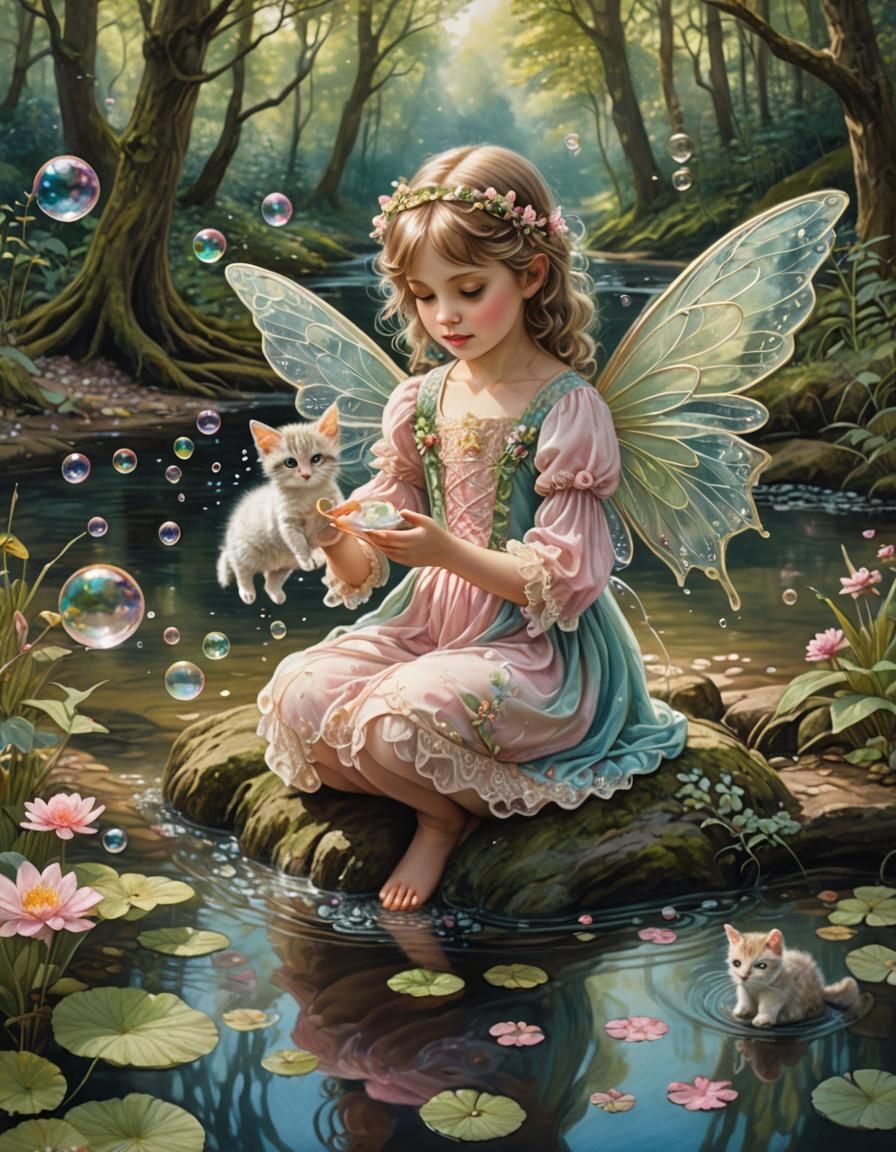 Delicate Fairy Child with Kitten, Chalk and Watercolor