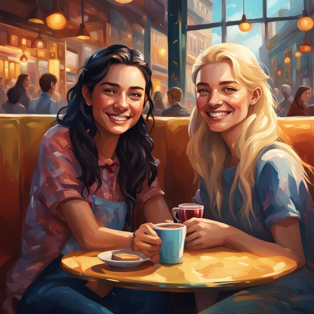 Smiling Women in Cafe: Hyperrealistic Splash Art