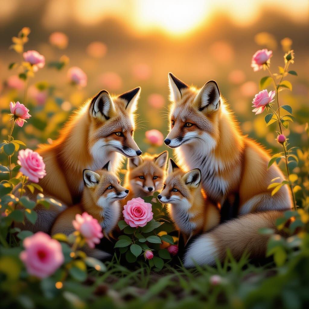 Fox Family at Dawn Among Roses, Golden Hour Light