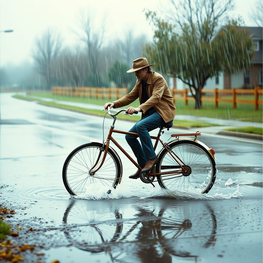 Paul Newman Rides a Bicycle in a Spring Shower
