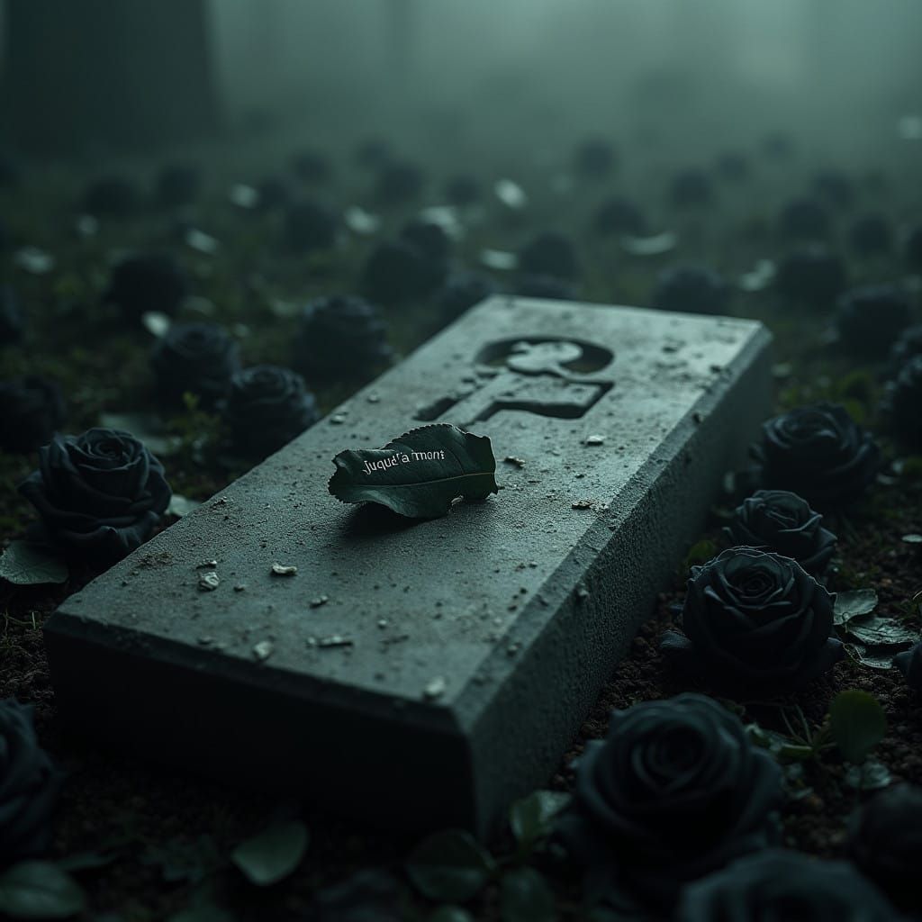 Mysterious Tomb in a Dark, Ominous Landscape with Black Rose...