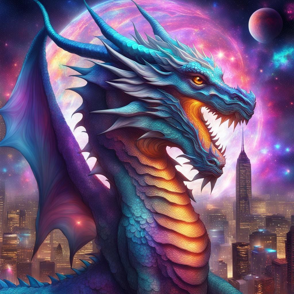 Cosmic Dragon Over Galaxy City, Holographic Illustration