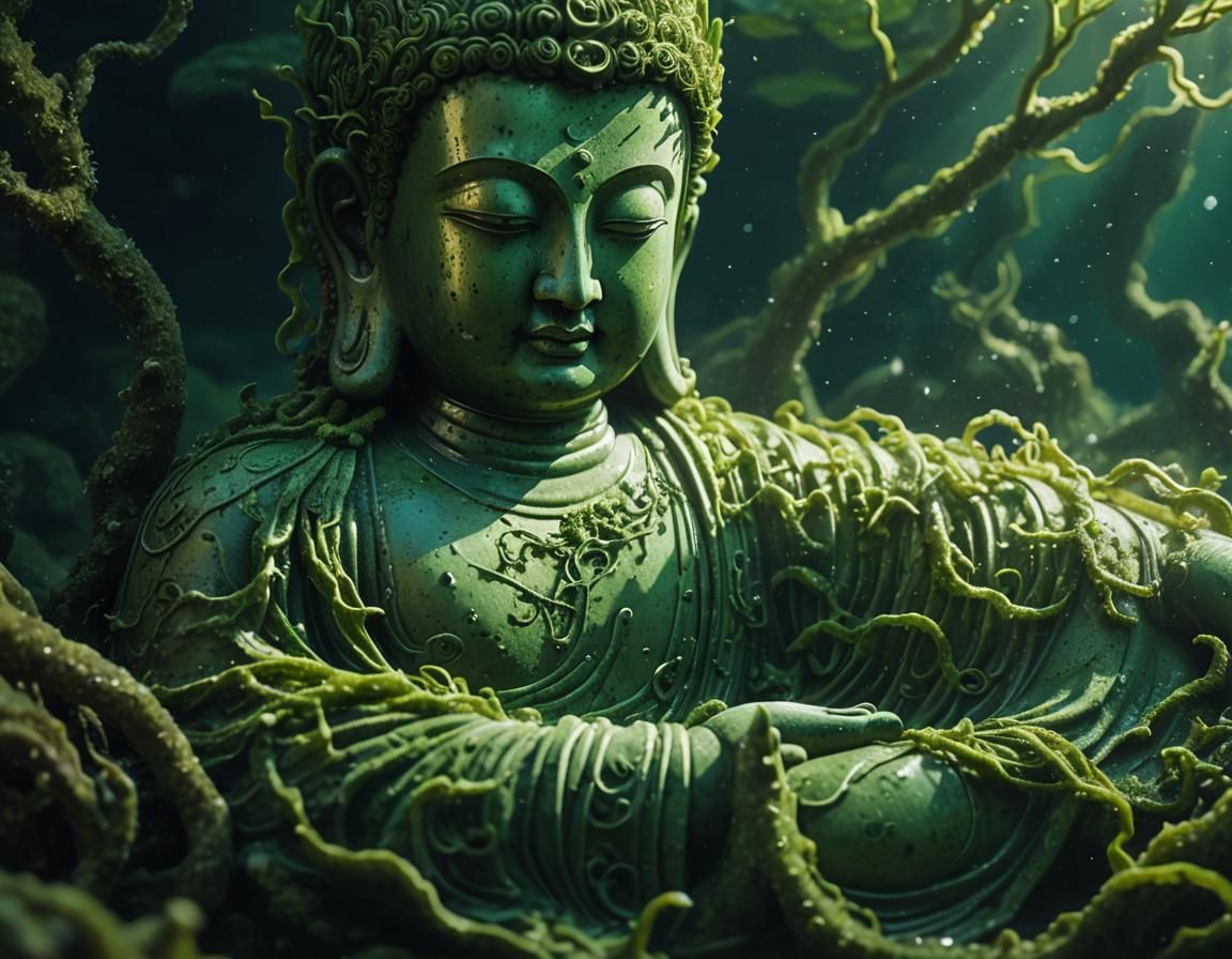 Underwater Buddha with Glowing Seaweed