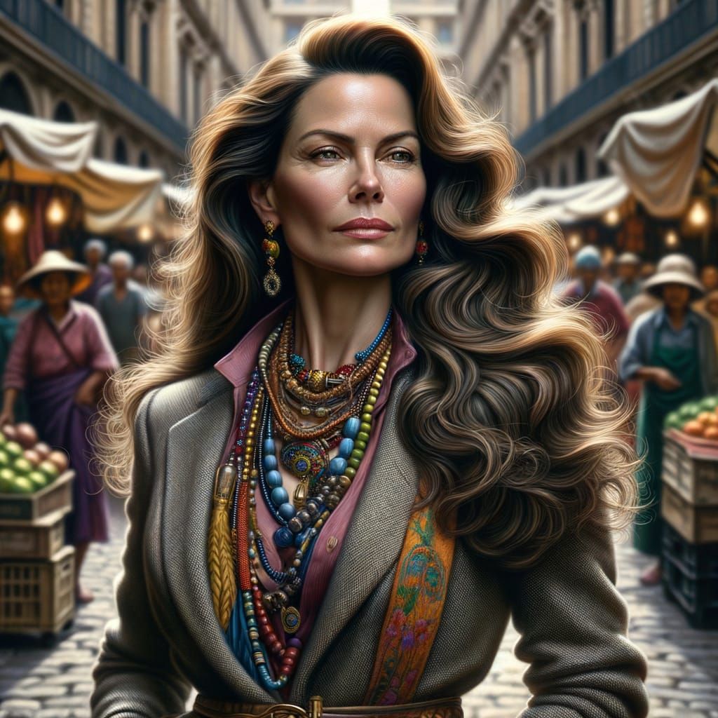 Hyperrealistic Woman in Bustling Marketplace Oil Painting