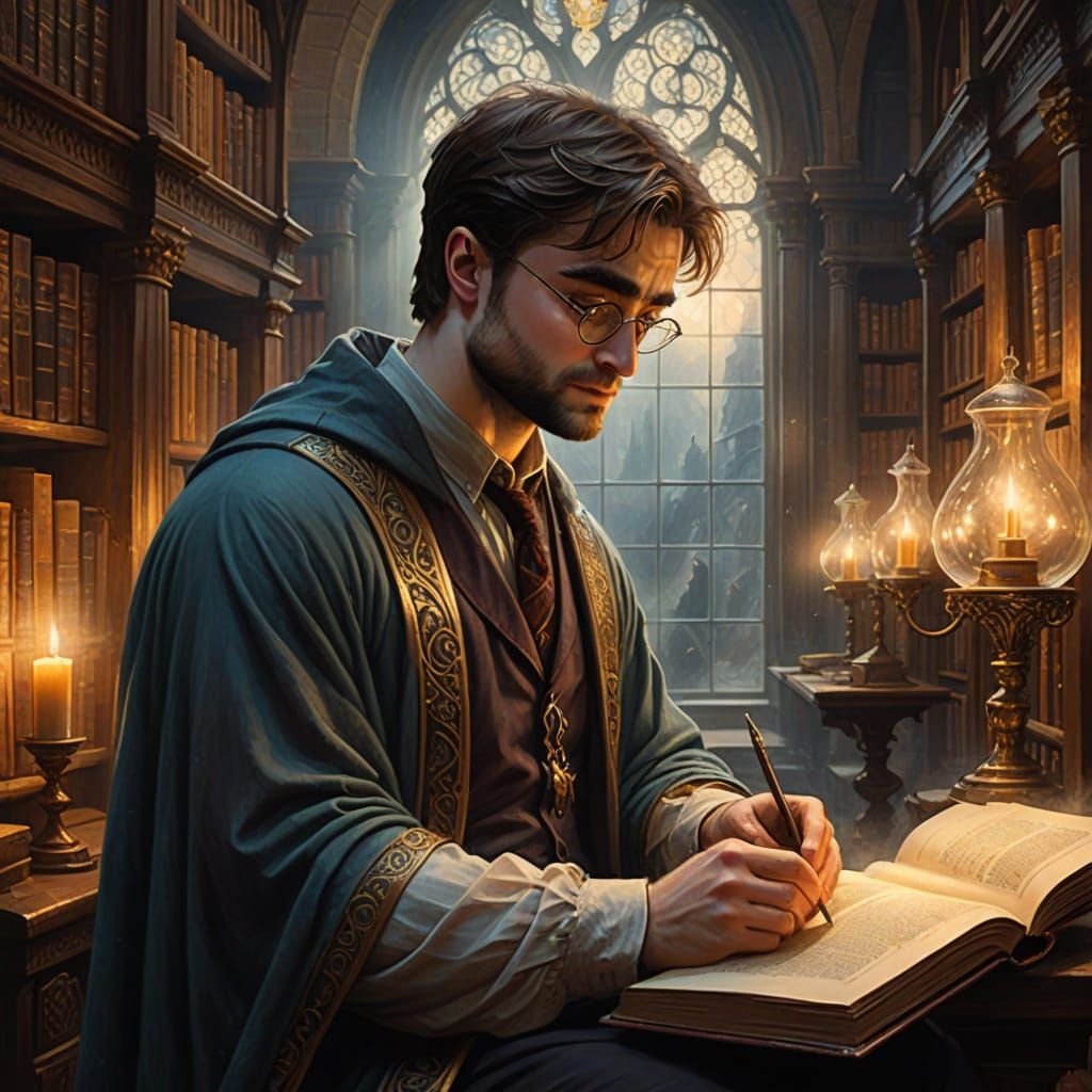 Young Wizard Reads Magic Tome in Ancient Library