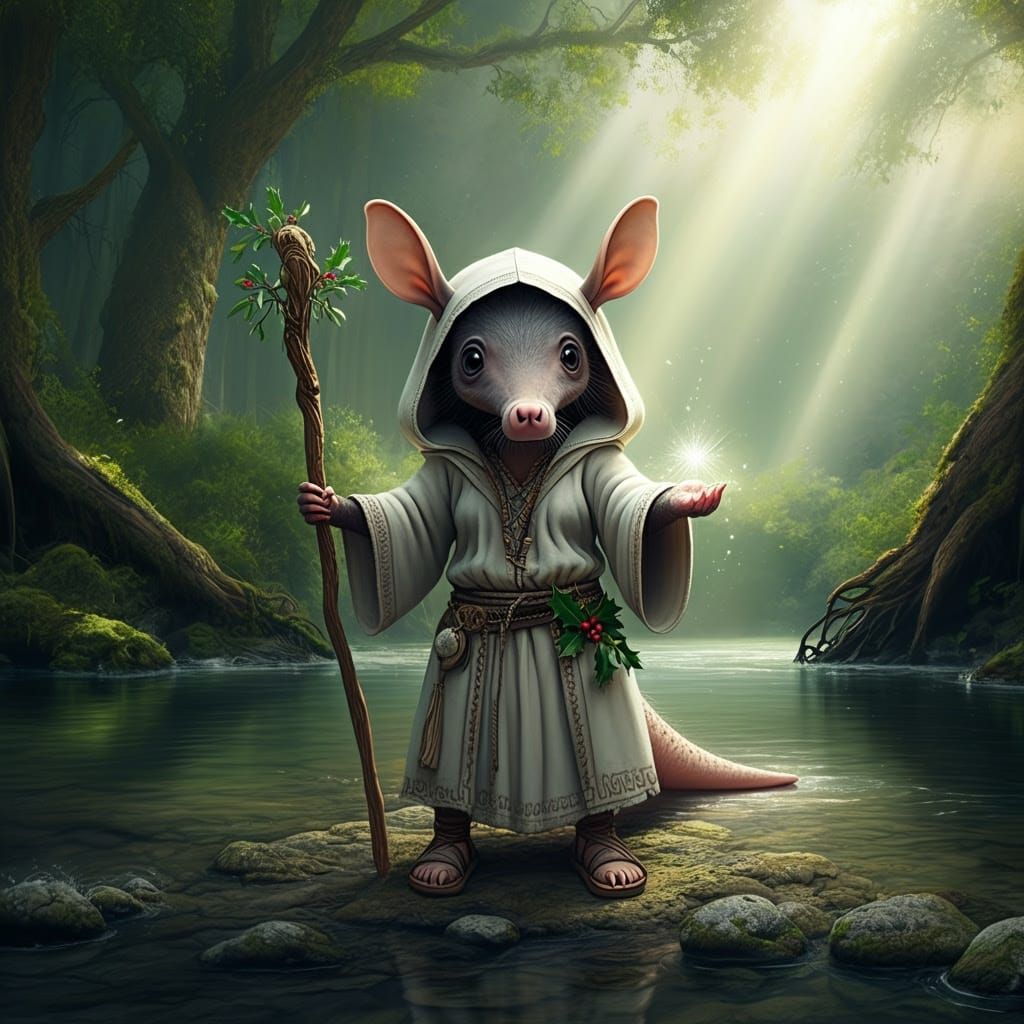 Whimsical Chibi Aardvark Druid by the River