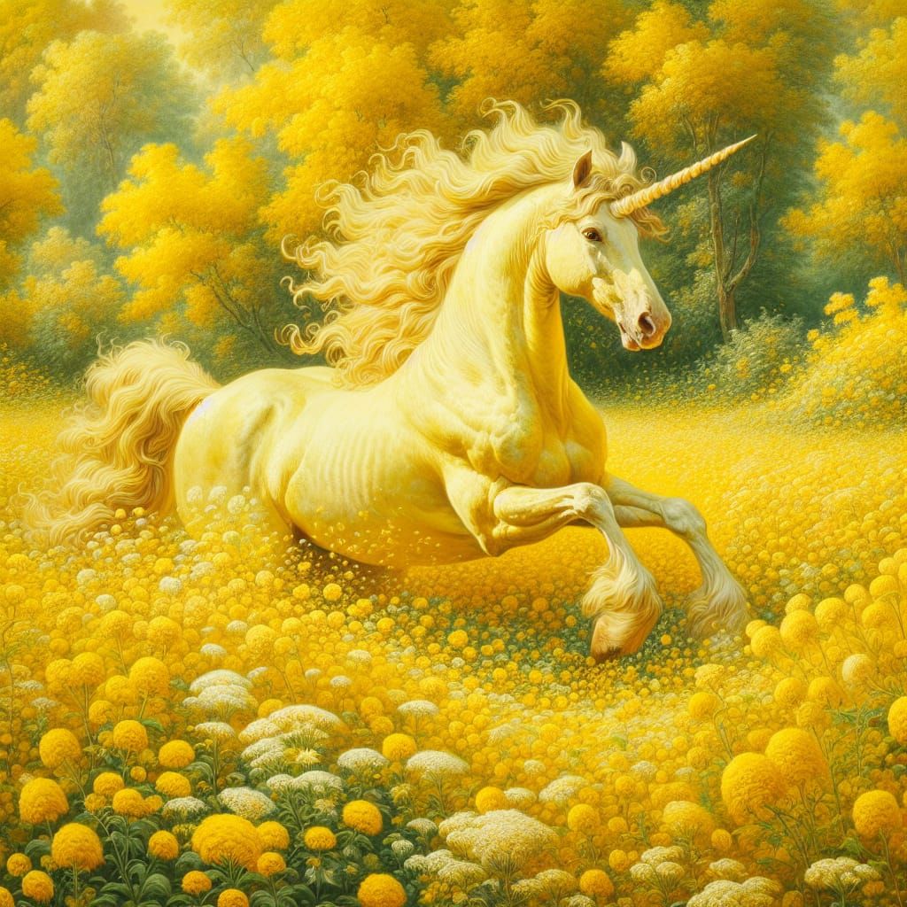 Majestic Yellow Unicorn Galloping Through Wildflowers