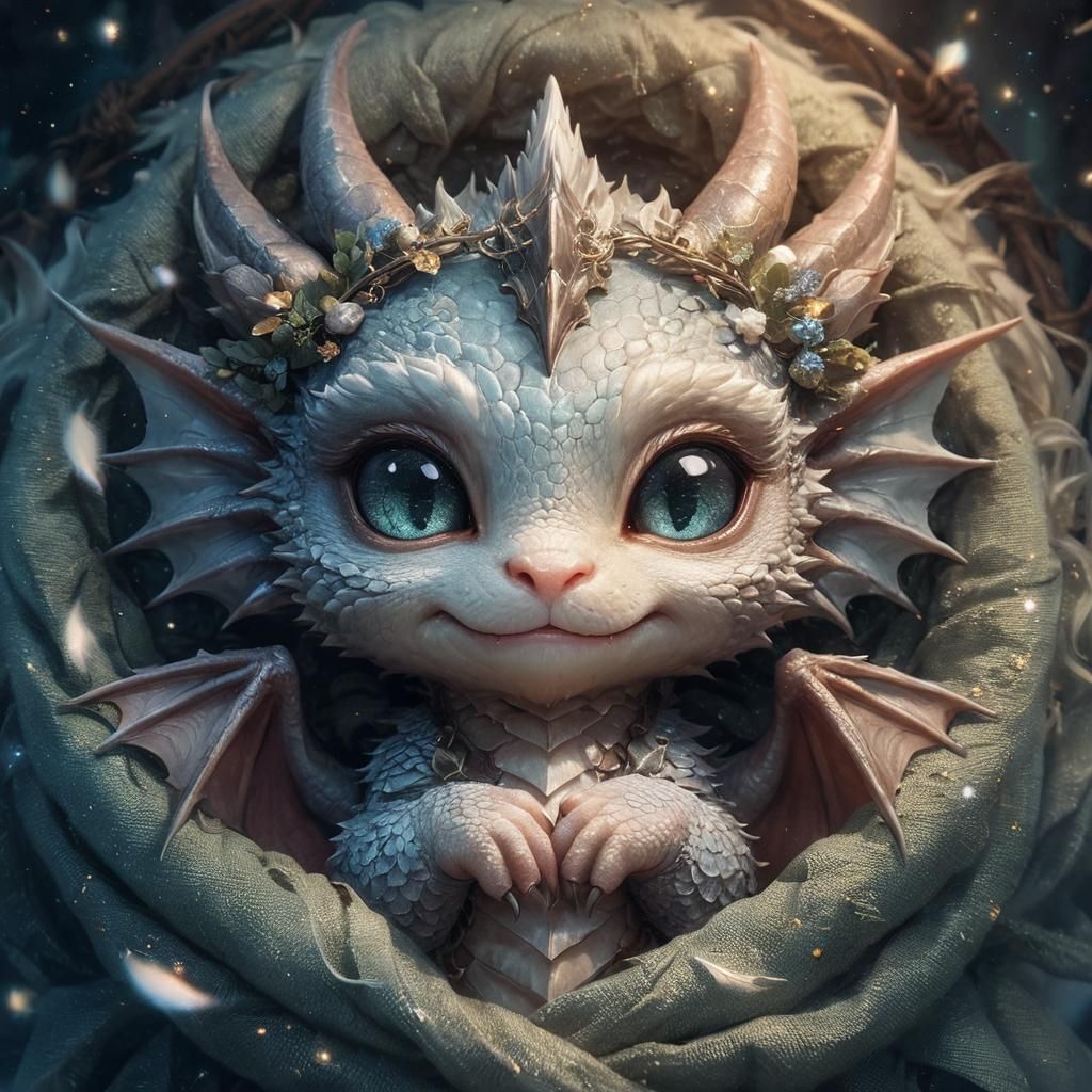 Adorable Baby Dragon in Cradle: 3D Anime Art
