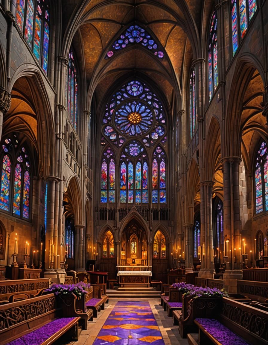 Gothic Cathedral Interior with Stained Glass and Flowers