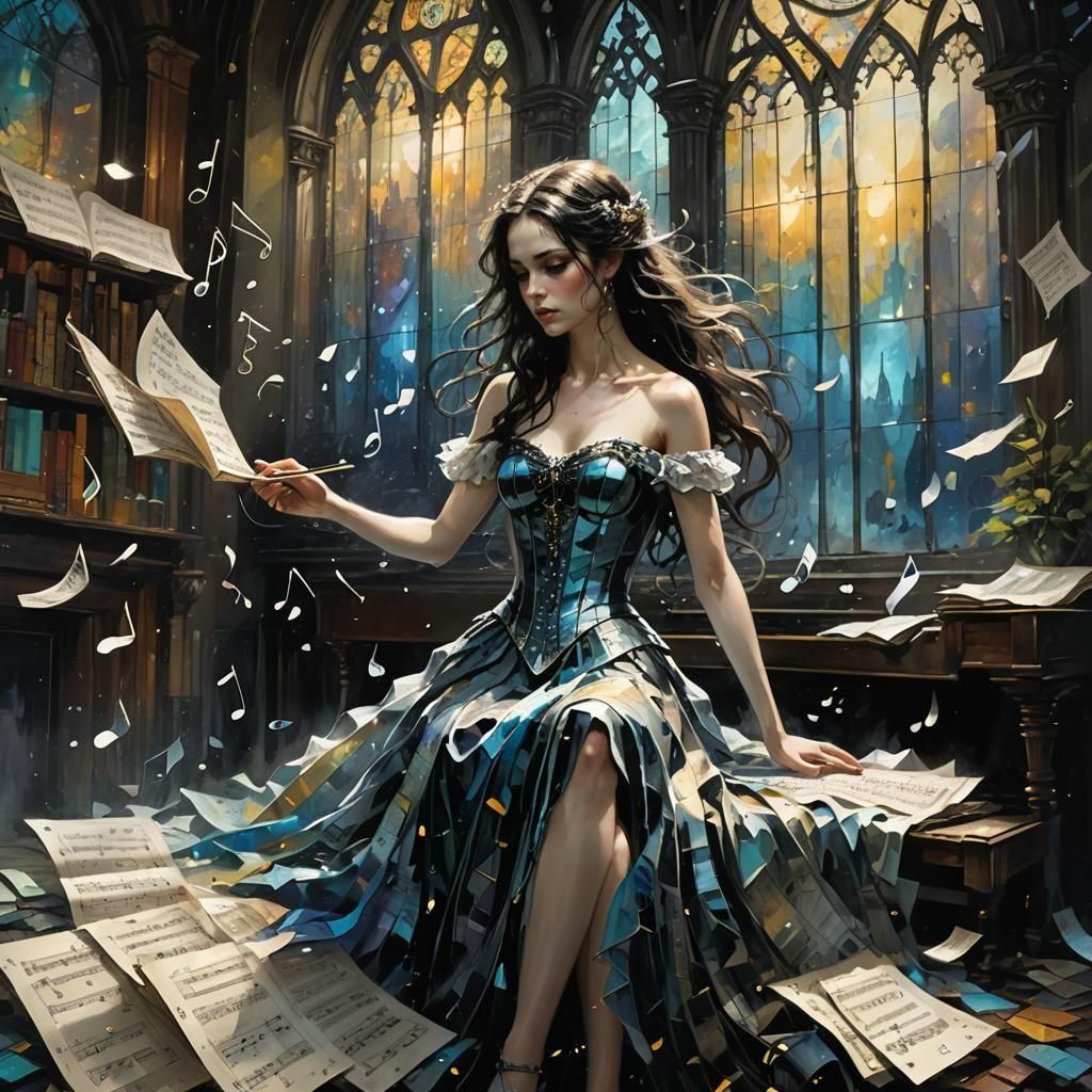 girl making Music Notes fly off paper