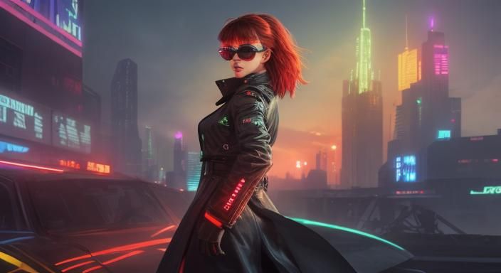 A stunning, colorful, and cinematic photo of a female sci-fi...