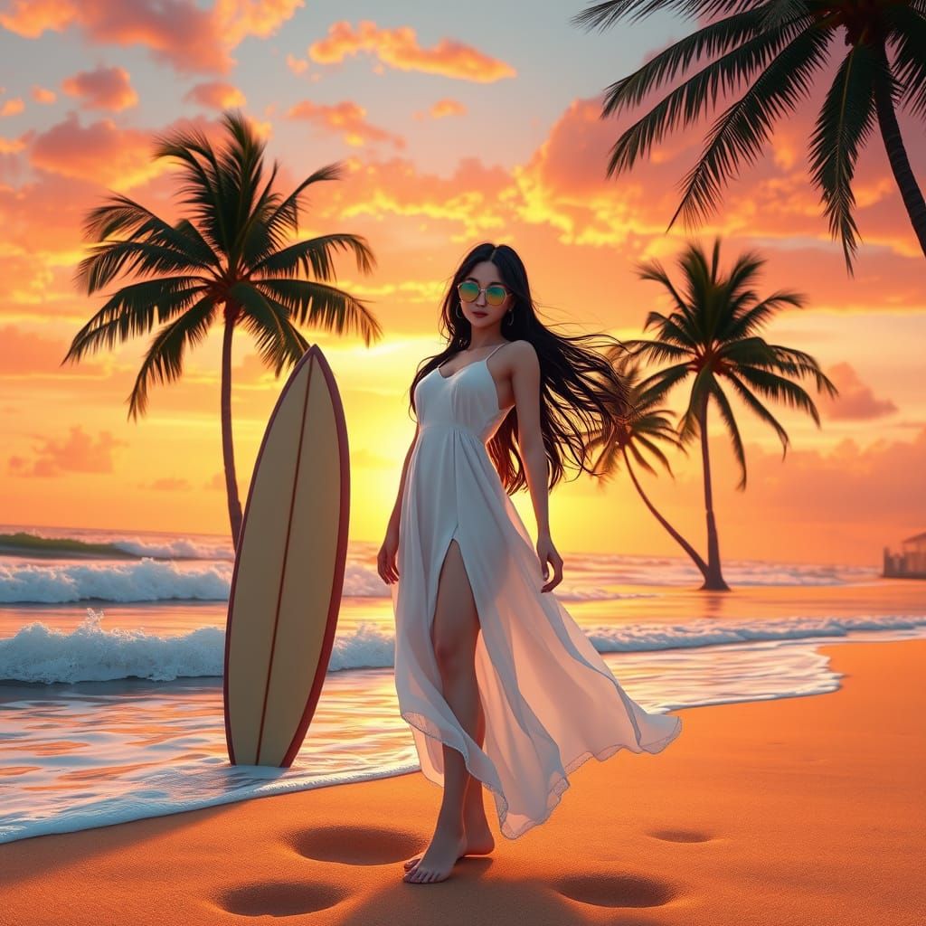 Confident Asian Girl Surfs Golden Beach at Sunset