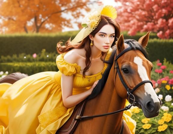 Woman in Yellow Dress with Horses in Garden