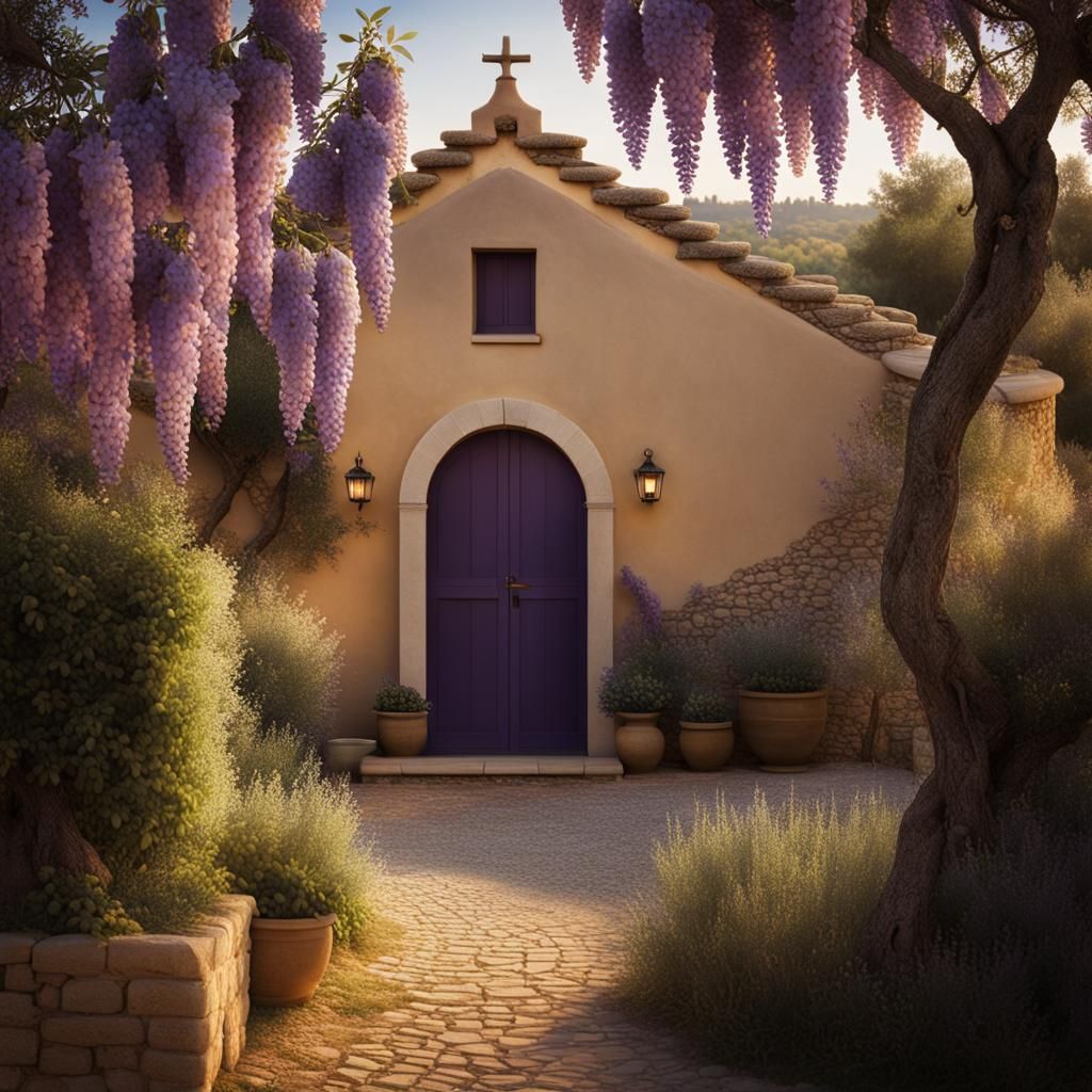Italian Trullo with Wisteria in Warm Light