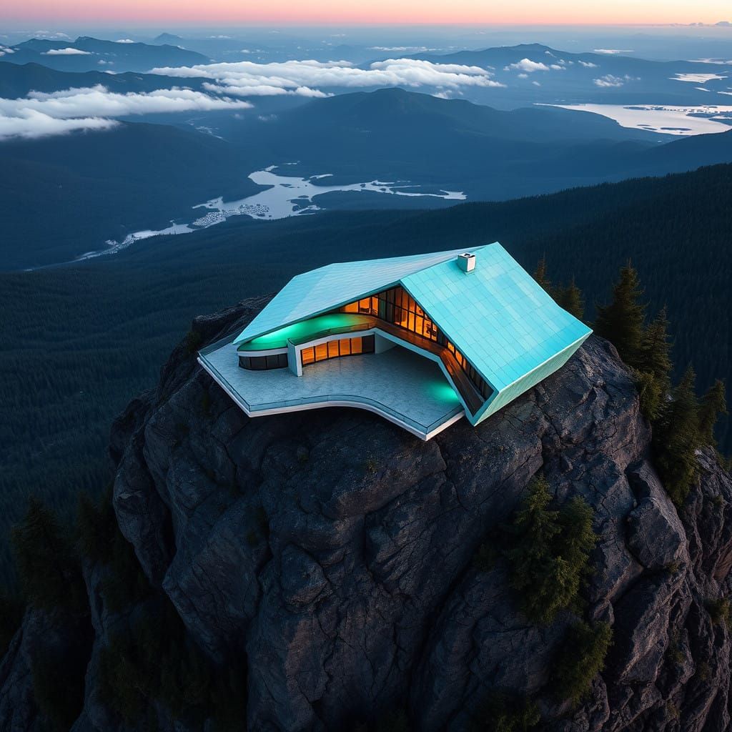 Retro-Futuristic Sea-Green Landmark House on Mountain Outcro...